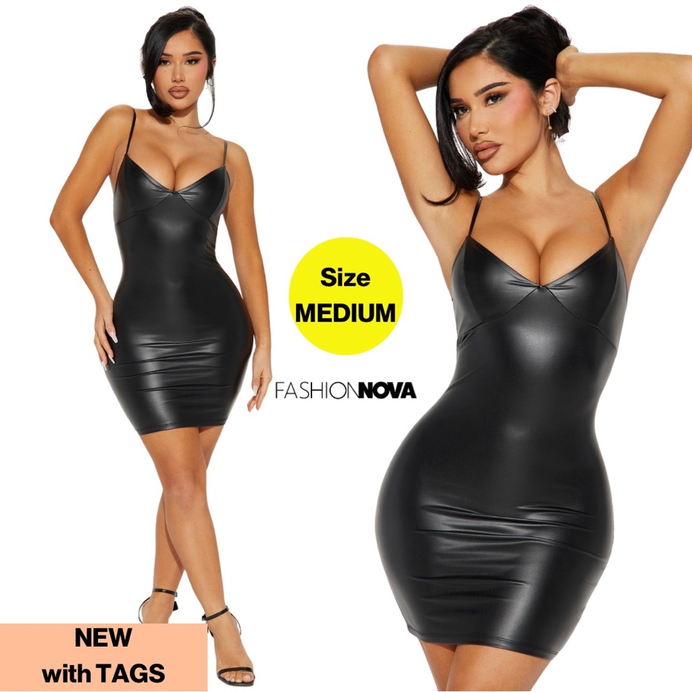 NEW w TAGS 🏷️ FASHION NOVA Black Faux Leather Mini Dress (Size Medium)